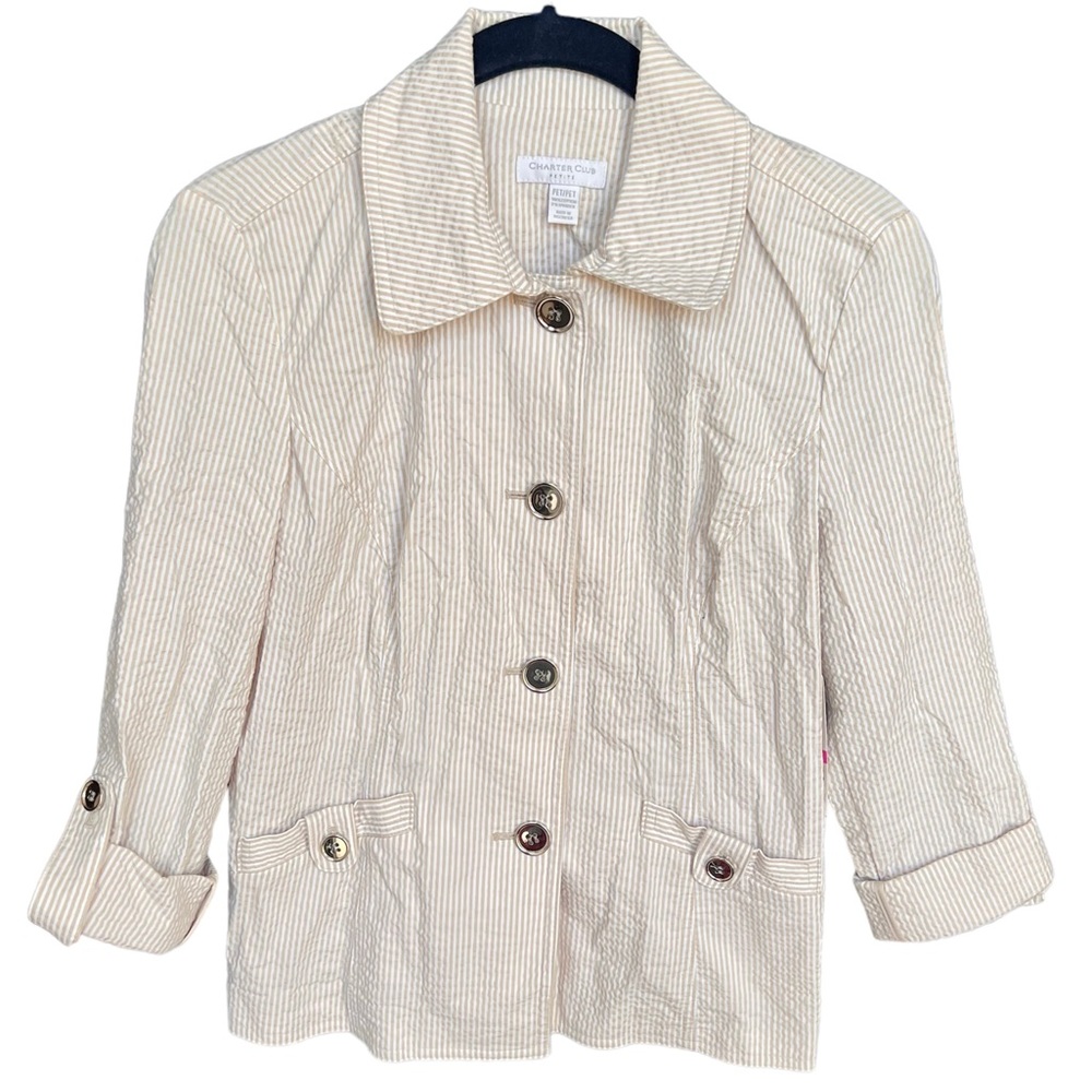Charter Club Khaki Striped Seersucker Lightweight Blazer Jacket Petite XS
